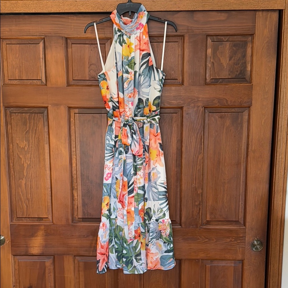 Eliza J Tropical Print Midi Halter Sundress